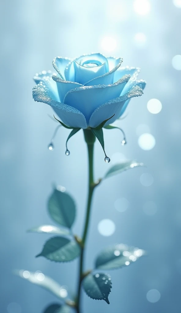 Light blue rose、Water Drop、 real 、The background is white glitter effect,  blurred background,  scan line , 