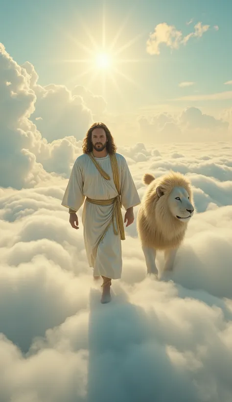 Highly detailed, ultra-realistic, 32k resolution, cinematic lighting, finely textured, intricate details, atmospheric depth, photo-realistic masterpiece, professional-grade composition.

A majestic and divine scene featuring Jesus Christ walking on etherea...