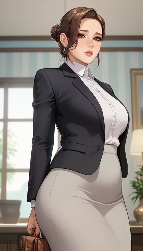 (masterpiece, best_quality:1.2), 1girl, solo, mature female, a1m33, brown hair, low bun, (officework:1.5, white shirt, black blazer, black mini skirt), beautiful eyes, female focus, large breast, wide hips, looking at viewer, ((close up shot)) ((solo)) det...