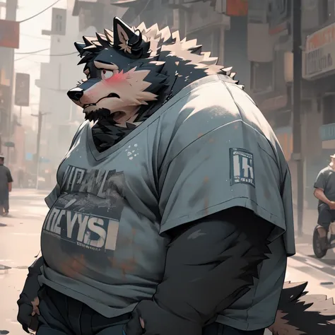 （（Extremely lifelike background，masterpiece，Very detailed，lifelike））detailed background, Fat, male, wolf, very fat, wide waist, ((all black fur 1.5)), big waist, chubby, flustered, blushing, grey acid wash shirt, blue faded cargo jeans, very baggy clothes,...