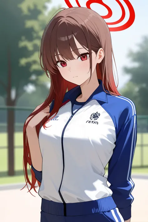 1 girl, Hair length reaches the back, Brown hair and red hair on the edges of the hair, red eyes, but not bright, wear a sport outfit, หน้าอกไซส์ปานกลาง, have a red halo