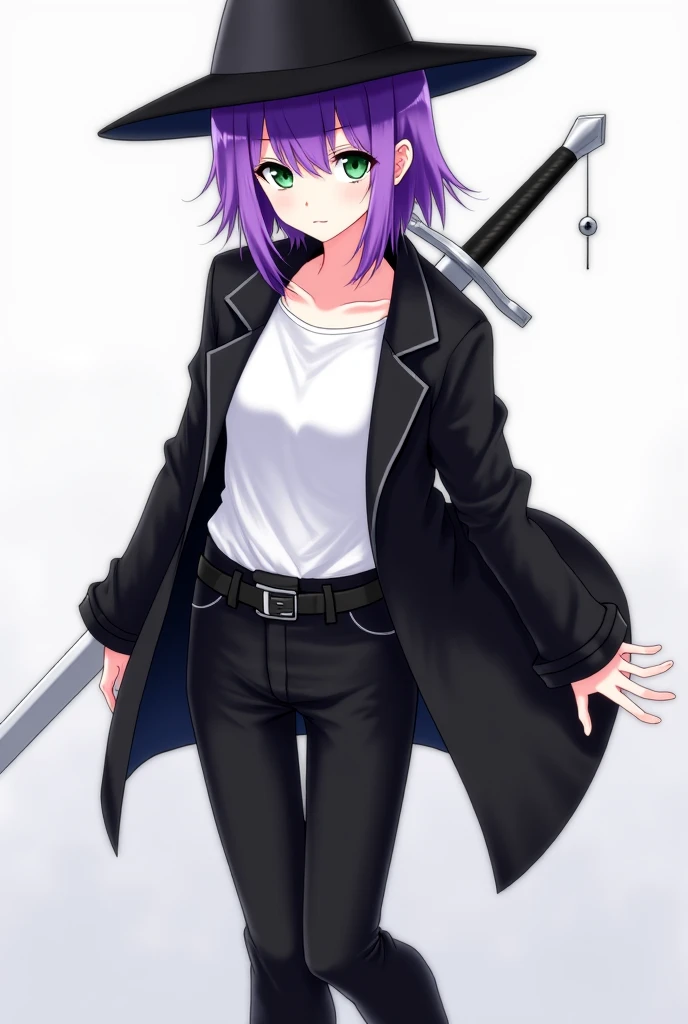  anime girl ,  fair skin ,  triangular black hat,  purple hair,  green eyes,  black overcoat ,  white t-shirt, black pants,  black boots, Rapieira silver .
