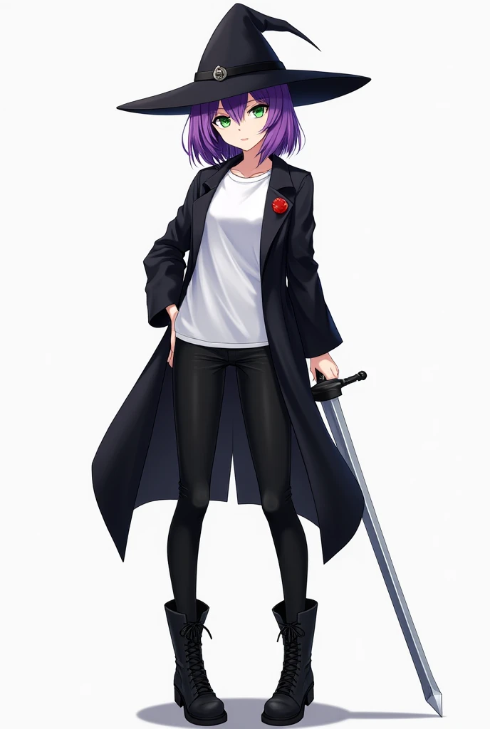  anime girl ,  fair skin ,  triangular black hat,  purple hair,  green eyes,  black overcoat ,  white t-shirt, black pants,  black boots, Rapieira silver .
