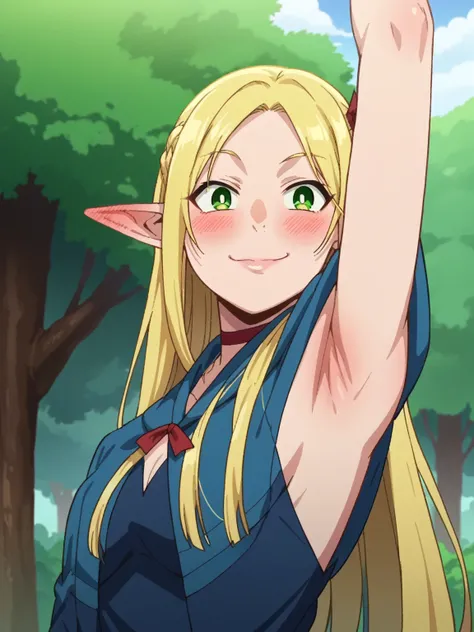 score_9, score_8_up, score_7_up, source_anime, anime screencap, 1girl, solo, marcille, long hair, bangs, blonde hair, green eyes, pointy ears, elf, jewelry, robe, arm up, raised arm, armpit, looking at viewer, head towards viewer, badhandv4, from side, smi...