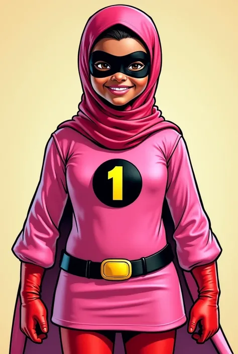  plus size black Arabian girl with hijab age 9 as superhero wearing pink Long Sleeve scoop-neck pullover minidress, red leggings,belt,gloves and masquerade mask. her costume is see through. black circle with yellow 1 emblem on the chest. smiling.  She's fi...