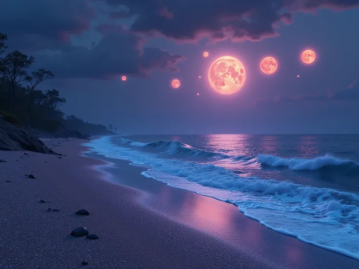 Beach with sand made of dust stars at dusk dark purple and blue, 7 suns in the sky and a sea brilliant by bioluminescence