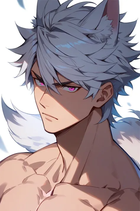 anime, man,  short white hair , dark pink eyes, high, muscular, naked,  whole body , not,  impressive presence , serious, White wolf ears and tail