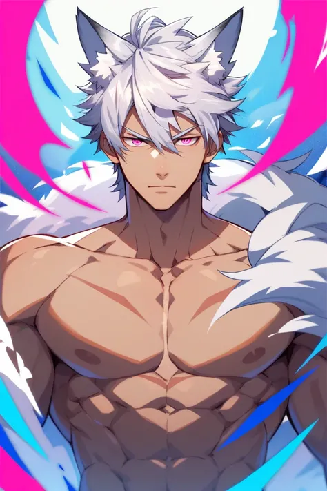 anime, man,  short white hair , dark pink eyes, high, muscular, naked,  whole body , not,  impressive presence , serious, White wolf ears and tail