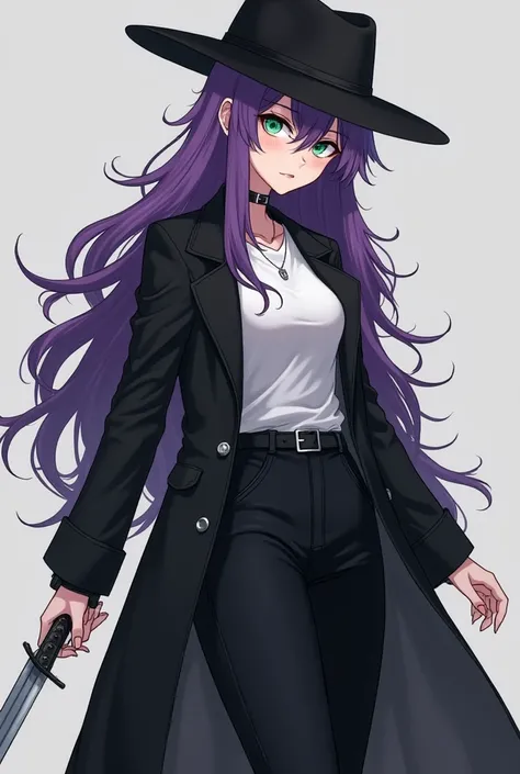  anime girl ,  fair skin , black hat,  purple hair,  green eyes,  black overcoat ,  white t-shirt, black pants,  black boots, Rapieira silver .
