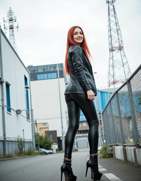 A professional photograph of a confident model with long, straight red hair cascading down her back. She wears a striking black leather outfit, consisting of a sleek fitted jacket and tight high-waisted pants with a shiny finish. Completing the look are bo...