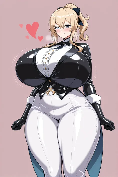 Jean (genshin_impact),excessive heart,(in heat,embarrassed,blush,smile,),(gigantic huge busty,glamorous,plump,big hips,),(butler,pants,long sleeves,black latex,white latex,elbow gloves,tight suits,),(standing at attention,hands at sides,solo,looking viewer...