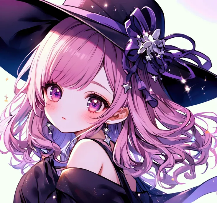 black　 Candy wears a big hat with a purple ribbon.., 長袖のblackいドレス, And barefoot .  pink bangs peeking out of her hat 、 each eye has 3 lashes 。. Shine; Sparkling　 glitter