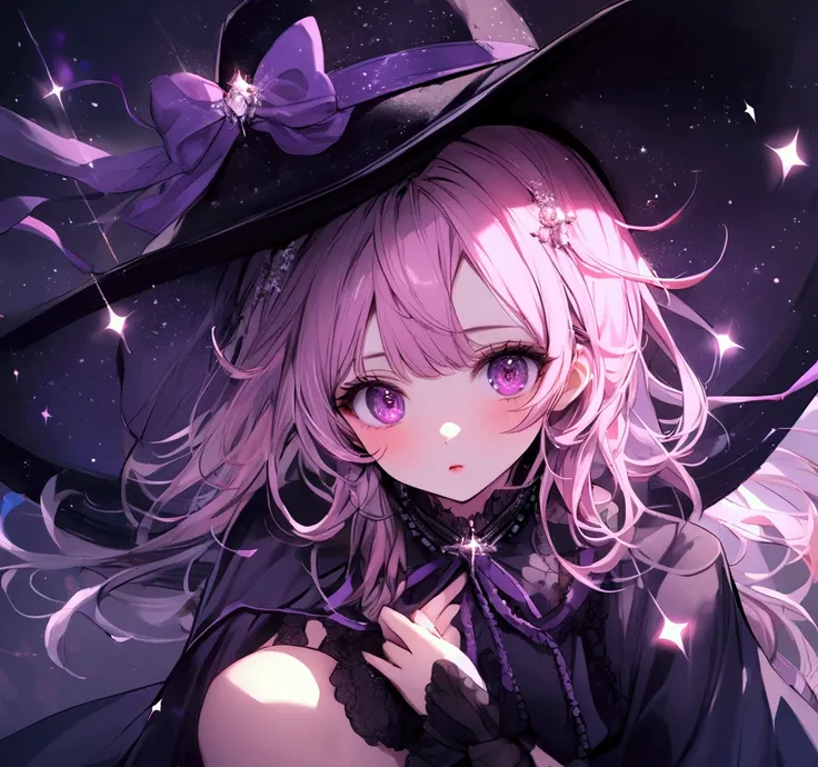 black　 Candy wears a big hat with a purple ribbon.., 長袖のblackいドレス, And barefoot .  pink bangs peeking out of her hat 、 each eye has 3 lashes 。. Shine; Sparkling　 glitter