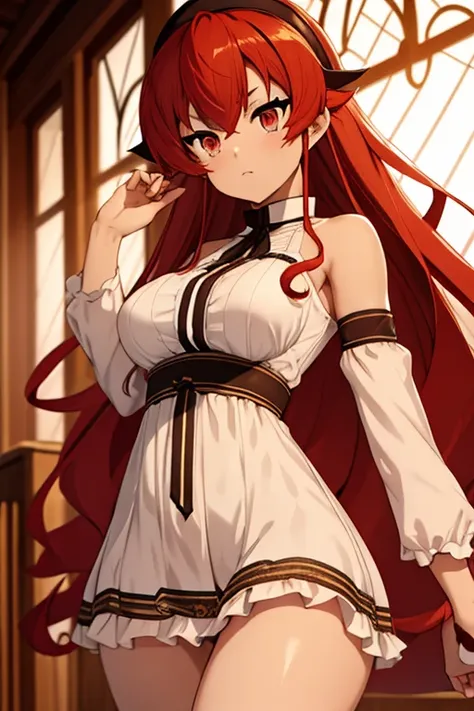 Eris Boreas big red hair red eyes medium tits small and we healed thick thighs big thighs white thighs panties white bra white dress doing sexy pose