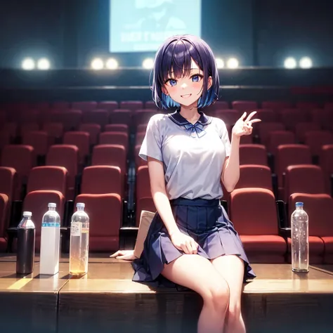 “A teenage girl taking a break after a theater rehearsal on a school stage. She is sitting casually on the edge of the stage, holding a water bottle and her script, with a relaxed and cheerful expression. The stage is surrounded by other students in casual...