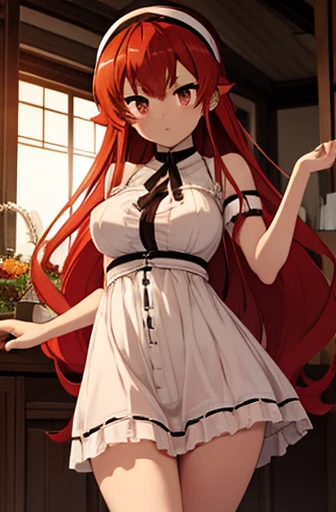 Eris Boreas big red hair red eyes medium tits small and we healed thick thighs big thighs white thighs panties white bra white dress doing sexy pose