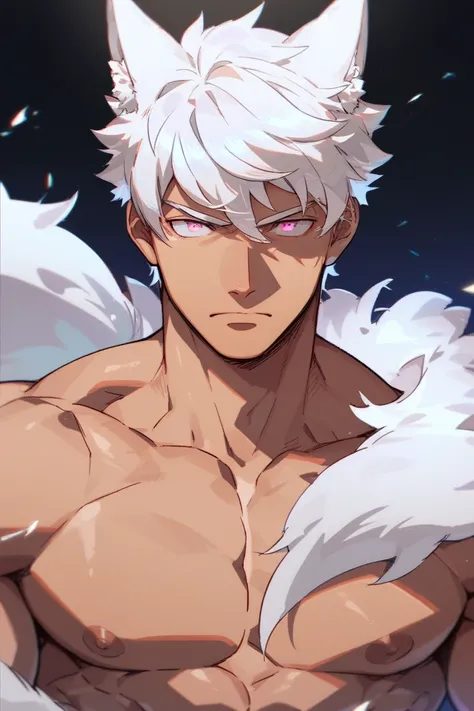 anime, man,  short white hair , dark pink eyes, high, muscular, naked,  whole body , not,  impressive presence , serious, White wolf ears and tail,  Large Penis,