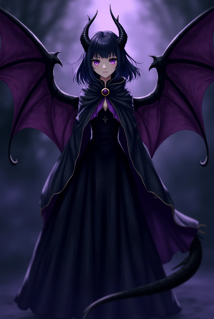 alone,  anime girl , Dragon girl, Dragon wings on black and purple backs, medium black hair,  purple eyes ,  fair skin ,  black and purple cape ,  black clothes,  black pants .
