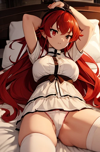 Eris Boreas big red hair red eyes medium tits small and we healed thick thighs big panties white floss panties white bra white dress doing sexy pose thick thighs Big muscular sexy