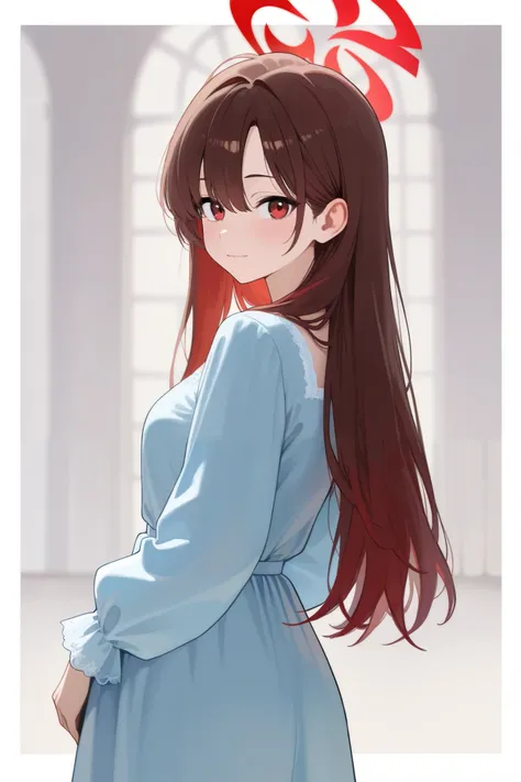 1 girl, Hair length reaches the back, Brown hair and red hair on the edges of the hair, red eyes, but not bright, wear a dress outfit, หน้าอกไซส์ปานกลาง, have a red halo