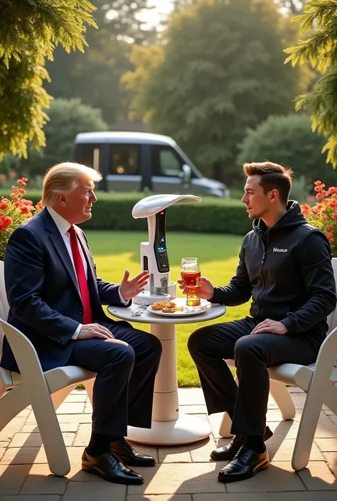 Scene Description:
President Donald Trump and Elon Musk are sitting in a lush, beautifully manicured garden. The garden is filled with vibrant flowers, trimmed hedges, and a few futuristic Tesla solar trees in the background. The atmosphere is warm and sun...