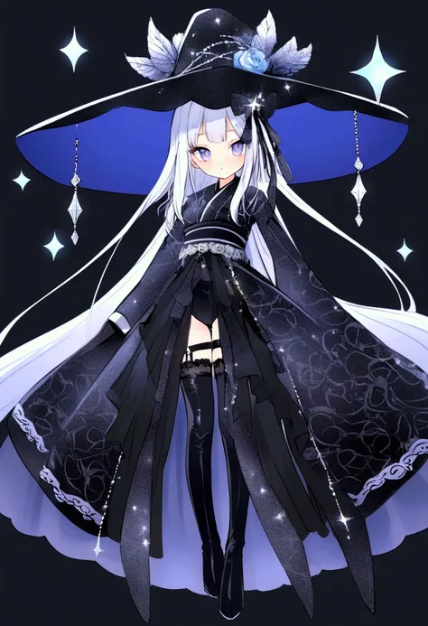 black　 Candy wears a large hat with a dark blue space pattern ribbon.., Goth Kimono,Long boots with long and wide cuffs 、 long boots with thongs .  with milky white and blue bangs peeking out of the hat 、 each eye has 3 eyelashes 。. Shine; Sparkling　 glitt...