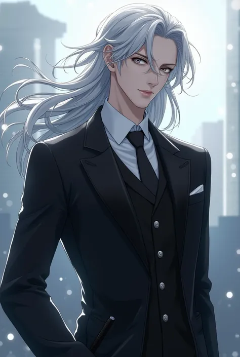  anime style.  YOUNG MAN COSTUME. SILVER EYES AND LONG VERY SILVER HAIR, HE WEARS A BLACK GENTLEMAN'S SUIT AND A BLACK SWORD.  are extremely attractive , HANDSOME AND SEXY