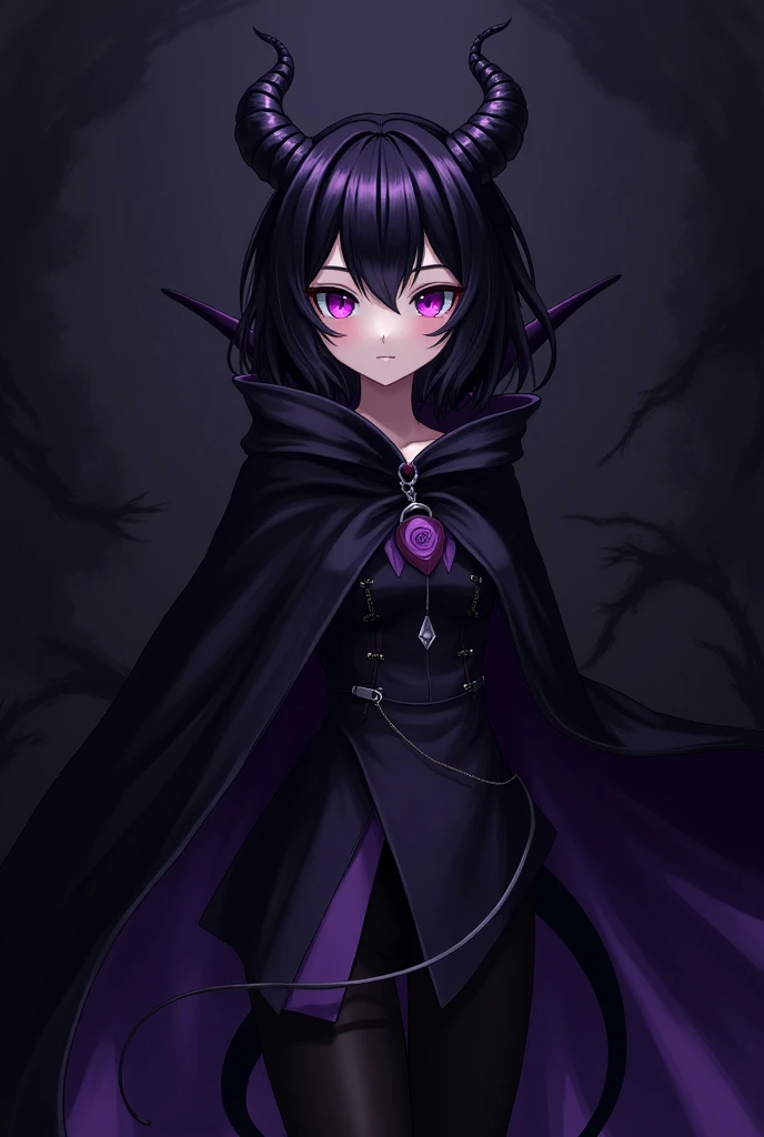 alone,  anime girl , Dragon girl, basic, dragon horn and tail on black and purple back, medium black hair,  purple eyes ,  fair skin ,  black and purple cape ,  black clothes,  black pants .
