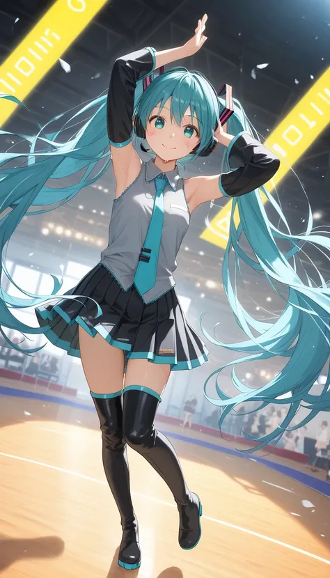  score_9,  score_8_  up the side,  score_7_  up the side,  score_6_  up the side,  score_5_  up the side,  score_4_  up the side, 
  1 girl,   Hatsune Miku , Straight hair,     Aqua Eyes,   aqua hair,  sleeveless  shirt with all bangs ,     hair ornament ,...