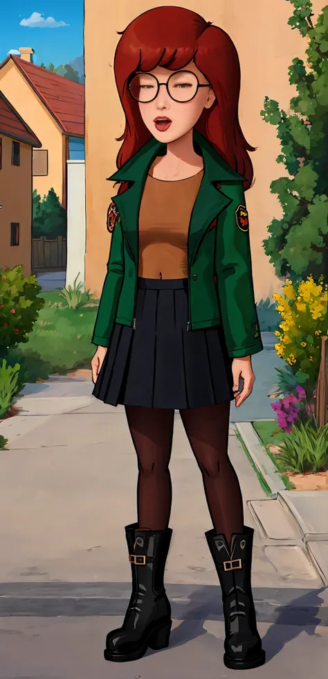 daria, 1girl, solo, green jacket, brown shirt, glasses, outdoors, hidden from crowd, full body, black skirt, black boots, exotic pose, from below, standing, full body, navel, outdoors, neighborhood, morning, cartoon, tounge sticking out of mouth, pantyhose...