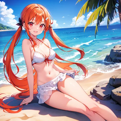  orange hair　 half twin tail　 red eyes　 beautiful girl　Blue Sea　 White Sand Beach 　 sunshine　smile