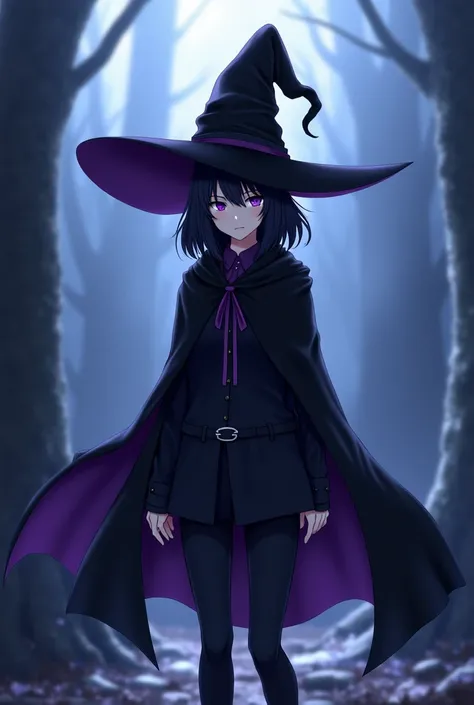 alone,  anime girl ,  Witch's hat, medium black hair,  purple eyes ,  fair skin ,  black and purple cape ,  black clothes,  black pants .
