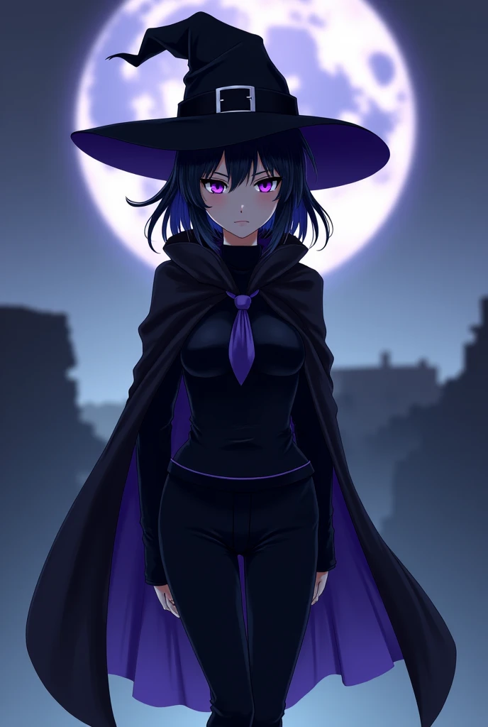 alone,  anime girl ,  Witch's hat, medium black hair,  purple eyes ,  fair skin ,  black and purple cape ,  black clothes,  black pants .
