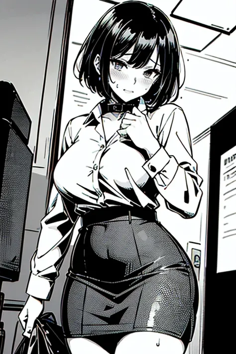 Line drawing, manga style, black and white, monochrome, clean smooth lines, masterpiece, one woman, white long sleeve business shirt, tight skirt, short hair, ((business shirt)), black hair, 30 years old, blushing with embarrassment, sweating on the face, ...