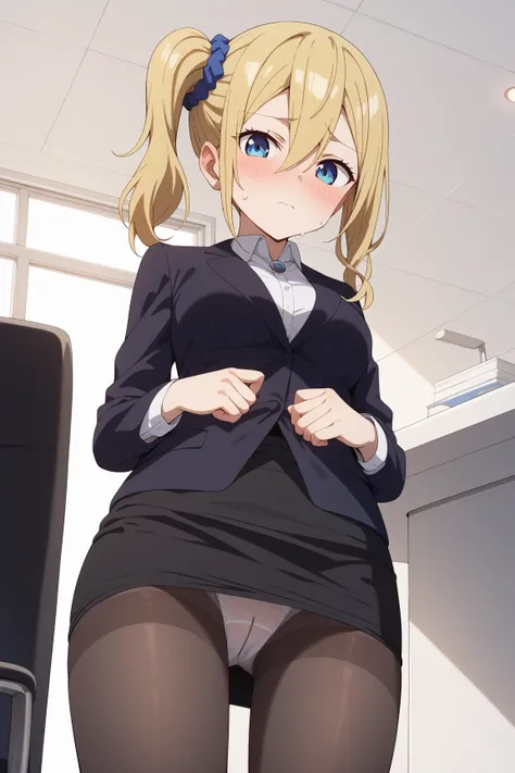 masterpiece,best quality,{{detailed beautiful face and eyes}}, very detailed background,
Ai Hayasaka,{{{megami magazine}}},long hair,blonde hair,{{left side ponytail:1.8}},blue scrunchie,hair scrunchie,hair between eyes,sidelocks,medium breasts,
((office l...