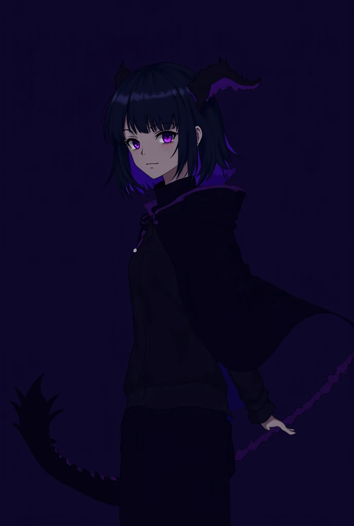 alone,  anime girl , Dragon girl, basic, dragon horn and tail on black and purple back, medium black hair,  purple eyes ,  fair skin ,  black and purple cape ,  black clothes,  black pants .
