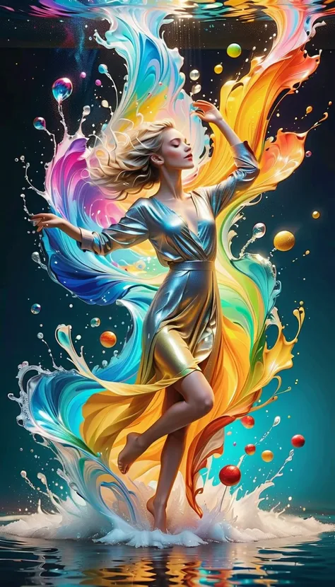  The work expresses the flow of ink, dance на ветру, water effects , colorful water ,goddess, art management , water management ,dance, Perfect face, Handsome boy , healthy,  attractive,  ink spot glows .  Brightly colored, Light reflection,saturated color...