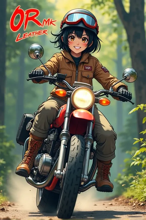 A beautiful Japanese beauty with a bright smile and short, messy black hair, wearing a flight jacket cargo pants, sturdy boots, Motocross Helmets , gloves block tires, vintage goggles, riding a sturdy motocross　motorcycle with tools on the back, front blin...