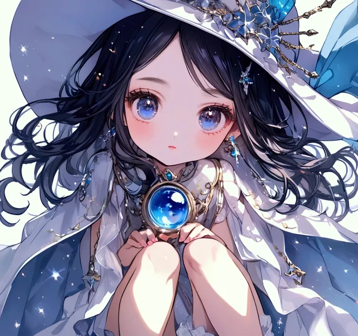 black　、長袖のblackいドレス, And barefoot . Milky white and blue bangs peeking out of the hat、 each eye has 3 eyelashes 。. Shine; Sparkling　 glitter