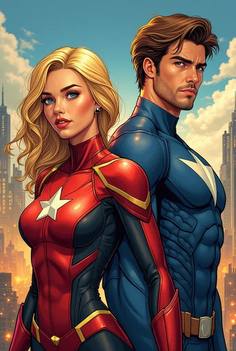 Blonde hair young girlfriend and her brown hair boyfriend as Marvel comic heroes 