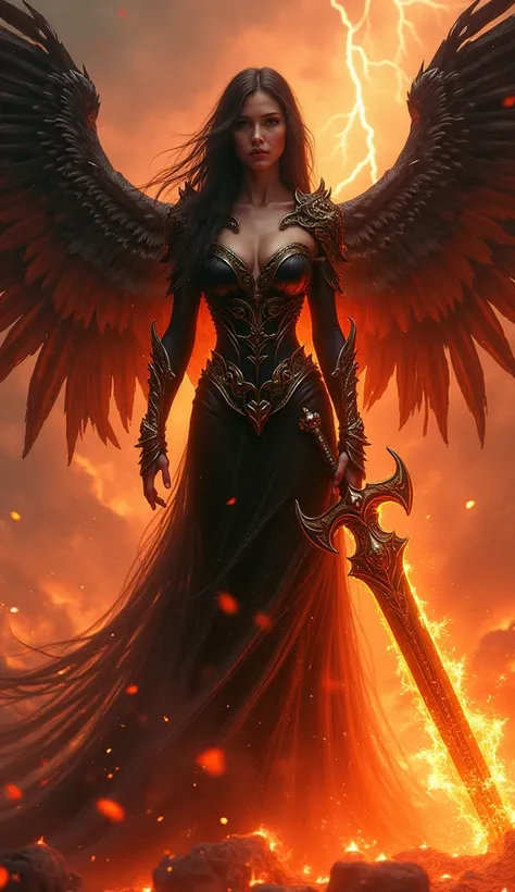 A fallen angel of captivating beauty in her feminine form, surrounded by flames that wrap around her like a living armor of fire. Her long, dark hair flows like a cascade, shimmering with reddish highlights from the glow of the flames. Her blackened and to...