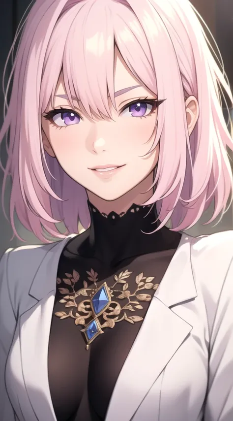 ( masterpiece,  best quality),  intricate details, Tune, ((thin)),  beautiful,  light pink hair,   white skin,  light purple eyes , sharp jaw, short jacket,  messy hair ,  full lips, upper body, close up, smirkmelhor sexy