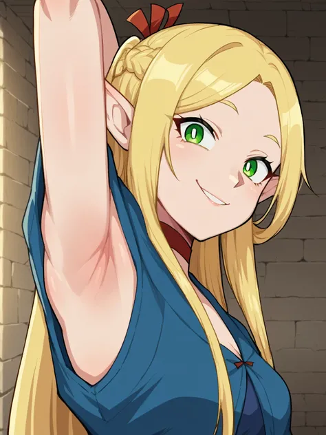 score_9, score_8_up, score_7_up, source_anime, anime screencap, 1girl, solo, marcille, long hair, bangs, blonde hair, green eyes, pointy ears, elf, jewelry, robe, badhandv4, arm behind head, armpit, indoors, dungeon, looking at viewer, smile, sleeveless, b...