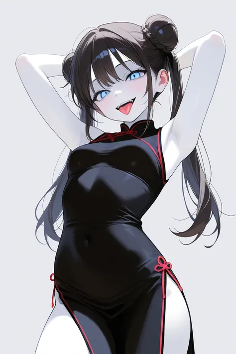 (Best Quality, Background Detail), Best Quality, Original Detail Dynamic Art, Anatomically Correct, Tongue Out, Blue Eyes, Image from Waist, Aside, One Girl, Provocative Gaze, Evil Smile, (White Skin), Twin Tails in a Bun, Dark Hair, (Black Chinese Dress),...