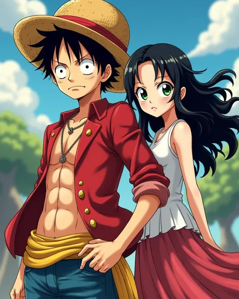 Monkey D Luffy character 
With an anime girl 
Her hair: Wavy black
Her eyes: sharp green
Her skin: White 

