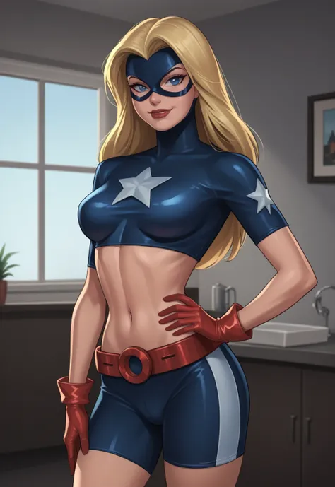 safe_pos, PonyXLV6_Scores BREAK ((retro artstyle, parody)), perfect anatomy, cowboy shot) 1girl, blonde hair, long hair, blue eyes, flirting, raised eyebrow, ((looking at viewer)), mask, domino mask, crop top, star (symbol), superhero, midriff, navel, glov...