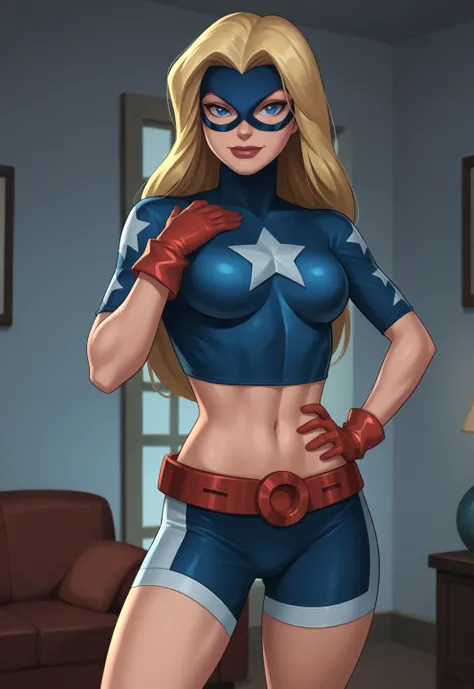 safe_pos, PonyXLV6_Scores BREAK ((retro artstyle, parody)), perfect anatomy, cowboy shot) 1girl, blonde hair, long hair, blue eyes, flirting, raised eyebrow, ((looking at viewer)), mask, domino mask, crop top, star (symbol), superhero, midriff, navel, glov...