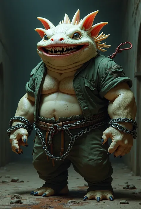 A strong humanoid axolotl wearing chain-filled prisoner's clothing