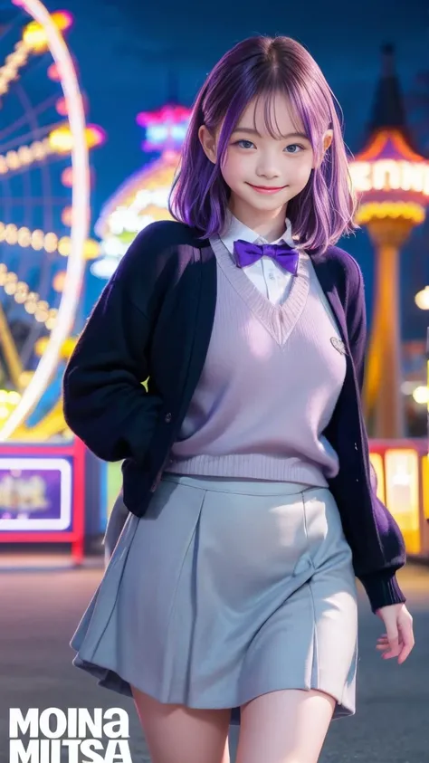 Emma Myers, whole body,  top quality, 1 girl, Alone, Bright purple hair, (Amusement park at night,  magazine cover ),  and watch the viewers, Intense Perspectives , Playing with the camera, smile,  standing、walk、Cinderella Castle in the background 、Jumper ...