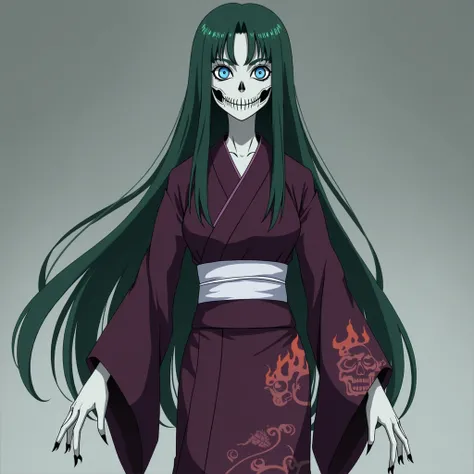  anime character has a humanoid appearance .  Her skin is pale ,  almost white ,  appearance and his face looks like a skull with glowing blue-green eyes. He has long dark green hair and .  She wears a dark purple or burgundy kimono , with a design that in...